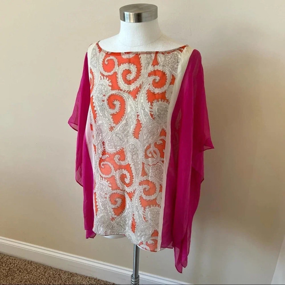 Talbots 100% Silk Paisley Chiffon Top Size S / M Pink Orange 14423 - Picture 4 of 7